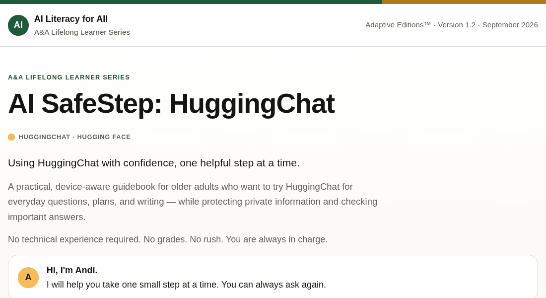 The opening page of the A&A guidebook “AI SafeStep: HuggingChat”