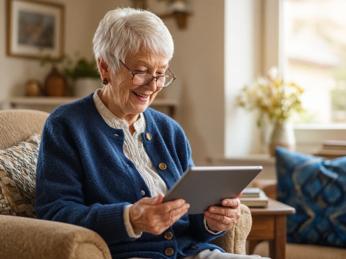 A smiling senior woman using a tablet at home
